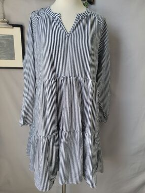Duffield Lane Stripe Cotton Tiered Mini Dress Gray White XL